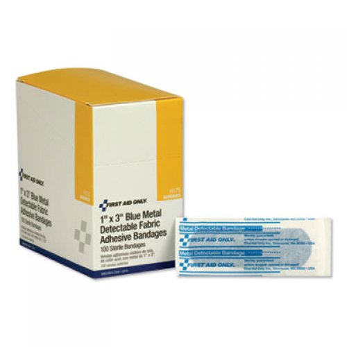 First Aid Only Adhesive Blue Metal Detectable Bandages, 1 x 3, Plastic w/Foil, 100/Bx, 12 Bx/Ct (H175)